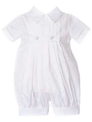 Baby Boys White Pleated Short Sleeve Button Baptism Romper Hat Set Newborn-24M