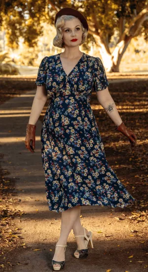 Betty Tea Dress in Navy Daisy Print