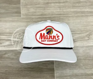 Mann’s Bait Co. Patch on White Retro Hat w/Black Rope