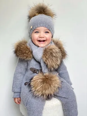 Petite Maison Kids Cashmere Grey Beanie Hat with natural pom