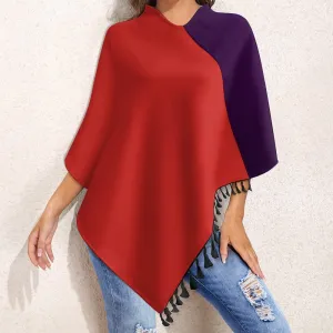 Purple and Red Knitted Cape with Fringed Edge