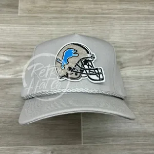 Retro Detroit Lions Helmet Patch on Tall Gray Retro Rope Hat