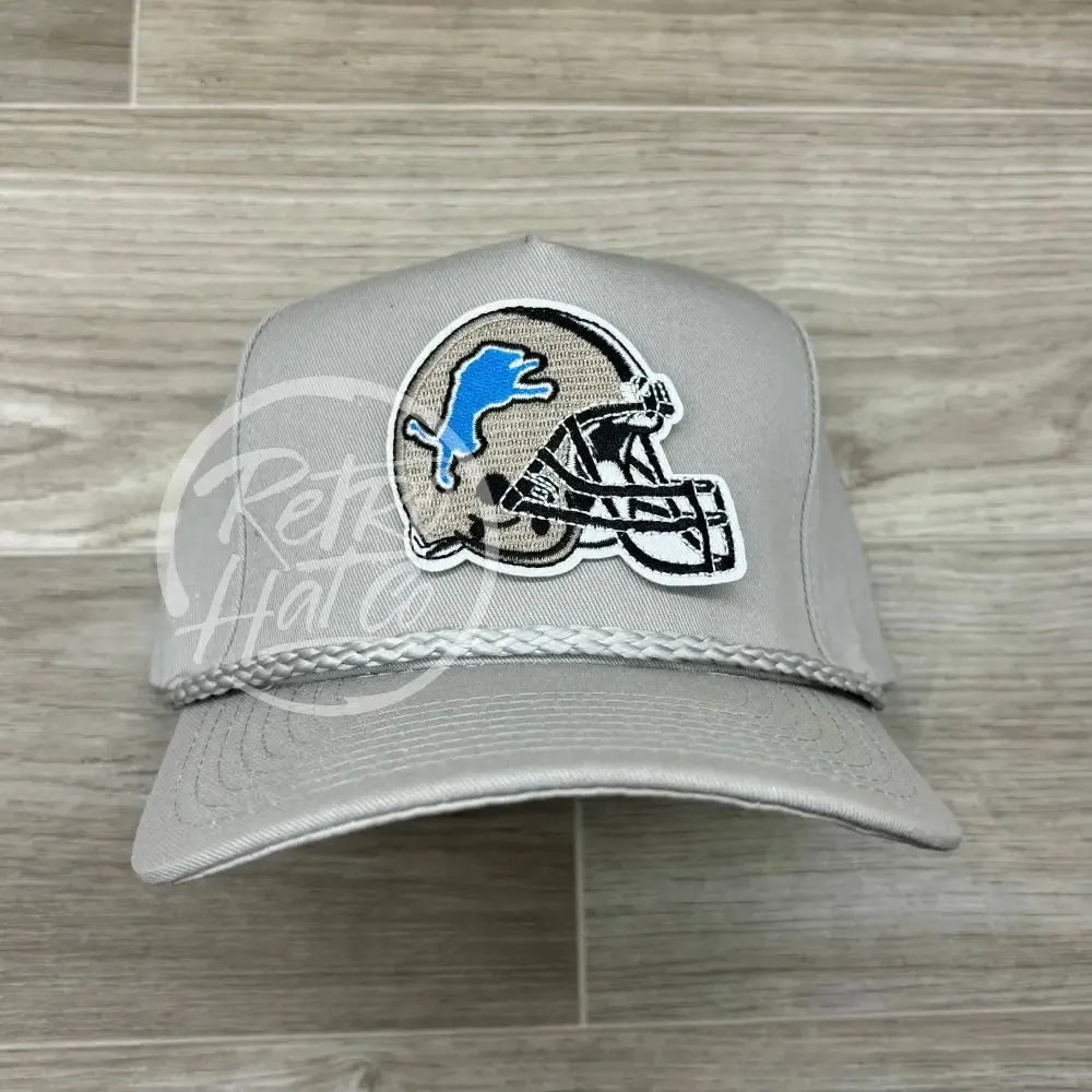 Retro Detroit Lions Helmet Patch on Tall Gray Retro Rope Hat