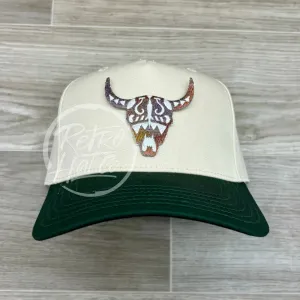 Southwest Pastel Cow Skull on Natural/Green Retro Hat