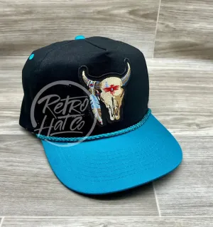 Tribal Cow Skull Patch on Black/Turquoise Rope Hat