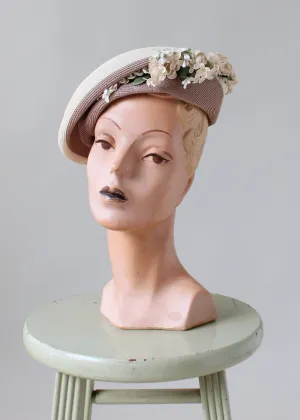 Vintage 1940s Straw Beret with Floral Millinery